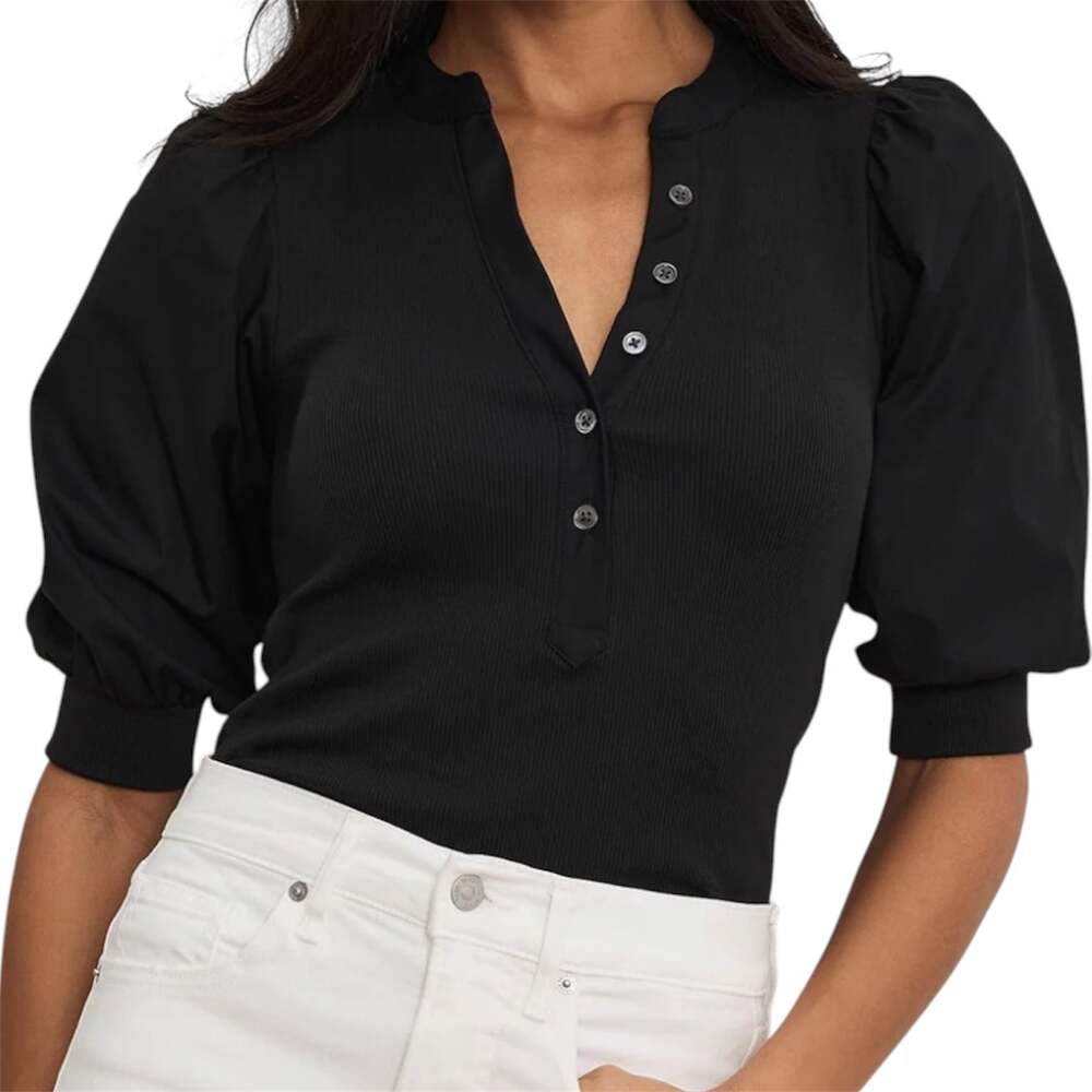 Veronica Beard Coralee Puff-Sleeve Henley Top Ribbed Split-Band Collar Black 2X